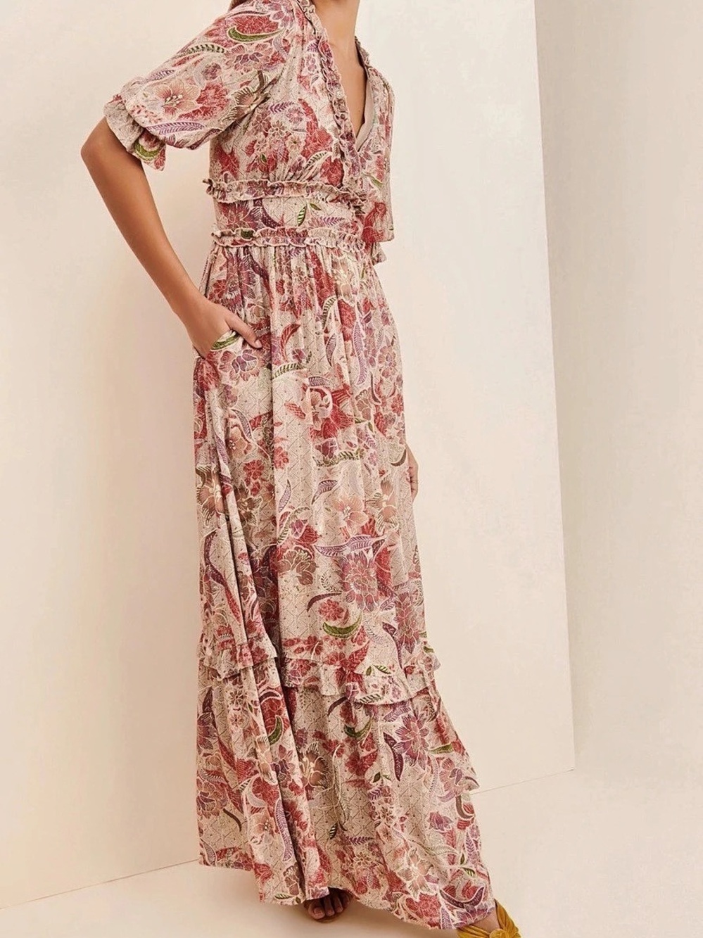 Anthropologie BTFL-Life Ruffled Floral Maxi Dress Large Boho Paisley Pockets